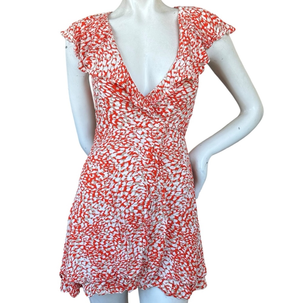 Free People French Quarter Orange Gray & White Ruffled Mini Wrap Dress Size XS